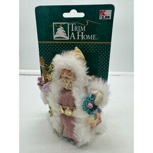Vintage NOS Trim At Home Santa Claus Christmas Tree Topper Pink White Gold